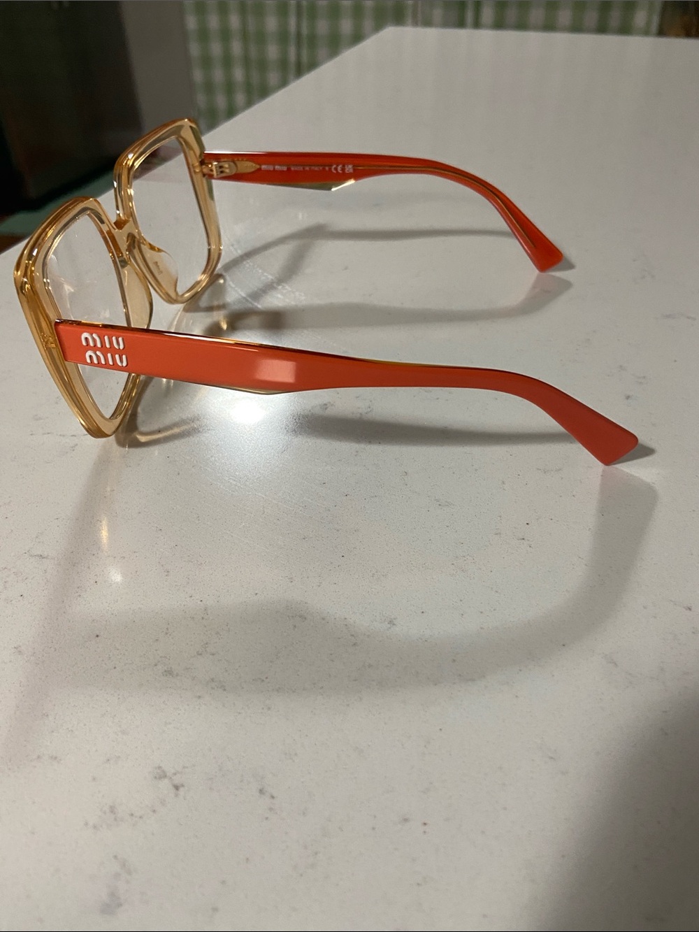 Miu Miu Women's Transparent Peach Square Glasses with orange Temples - Picture 2 of 5